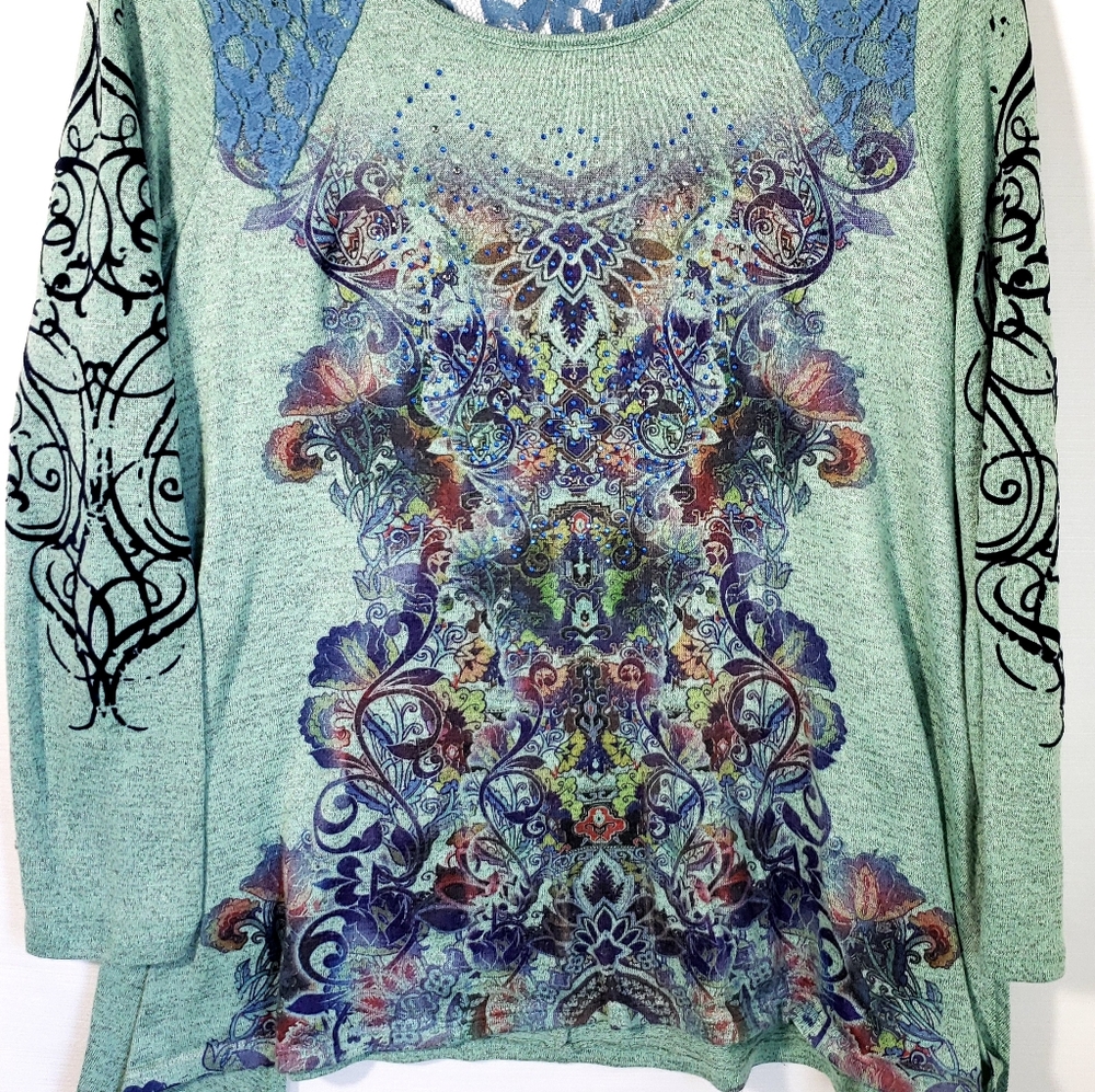 Y2K Abstract Tribal Fairy Top Asymetrical Long sleeve Shirt Green XL - Picture 5 of 5